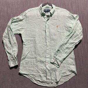 Ralph Lauren Mens Custom Fit Linen Stripe Button Down Shirt Green White Medium